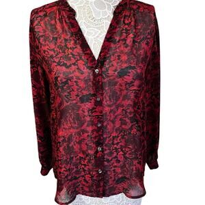 Ann Taylor Sheer Red & Black Floral Lond Sleeve Blouse- Womens Size M-Coquette